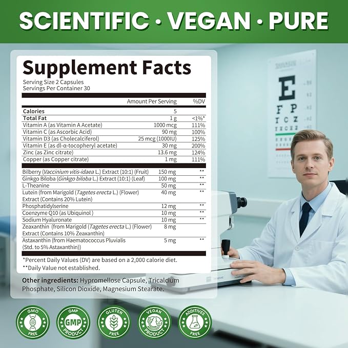 Lutein and Zeaxanthin Supplements - Advanced AREDS 2 Eye Vitamins - Bilberry Supplement for Eyes, with Astaxanthin, Ginkgo Biloba, Sodium Hyaluronate - for Eye Health & Brain Support, 60 Capsules