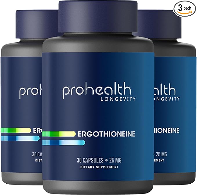 ProHealth Ergothioneine 5X Strength. 25mg Clinical Research Dose. Natural Amino Acid Mushroom Supplement for Improved Cognition, Heart Health. Longevity Vitamin. 25 mg/Serving, 30 Servings (3 Pack)