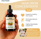 Maxi Health High Potency Liquid Iron Concentrate – Gentle Iron Supplement for Women Men & Children – Berry Flavored, Fast-Acting, Gentle on Stomach, No Constipation, Non-GMO, Kosher (2 fl oz)