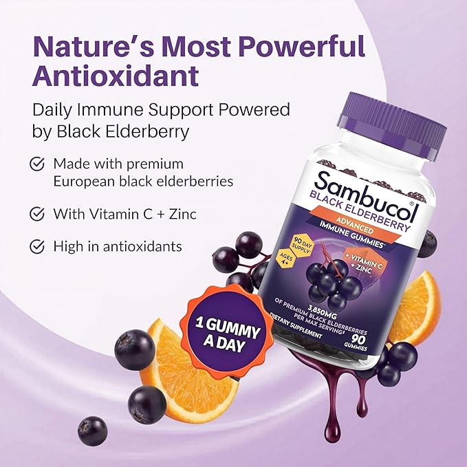 Sambucol Elderberry Gummies - Immune Support Supplement for Adults & Kids with Vitamin C & Zinc, Sambucol Elderberry are High in Antioxidants, Gluten Free, Vegan - 90 Count