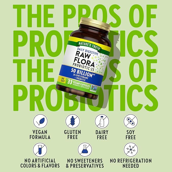 Raw Flora Probiotics with Prebiotics | 50 Billion CFU | 33 Daily Digestive Capsules | Vegan, Non-GMO & Gluten Free Supplement for Women and Men