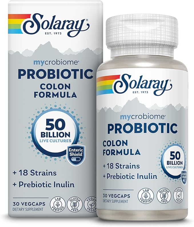 SOLARAY Mycrobiome Probiotic Colon Formula, Vegan, Digestive Function, Colon Health, and Immune System Support, 50 Billion CFU, 18 Strains, Prebiotic Inulin, 60-Day Guarantee, 30 Servings, 30 VegCaps