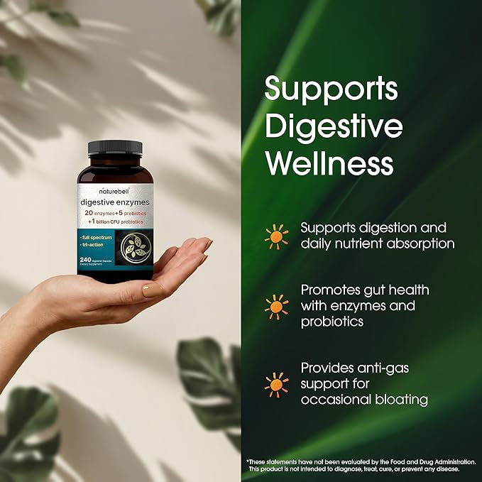 NatureBell Digestive Enzymes - 240 Capsules - Gut & Digestive Health Support Supplement* - with 20 Enzymes, 5 Prebiotics & 10-Strand Probiotic Blend