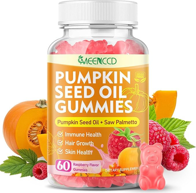 Pumpkin Seed Oil Gummies with Saw Palmetto, Pumpkin Seed Oil for Hair and Skin Health, Pumpkin Seed Extract for Women Men, Sugar-Free, Raspberry Flavor, 60 Count