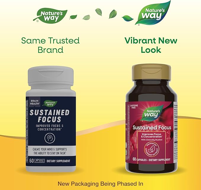 Nature’s Way Sustained Focus, Improved Focus & Concentration*, with Clinically Studied Neumentix Spearmint Extract, L-Theanine, 60 Capsules (Packaging May Vary)