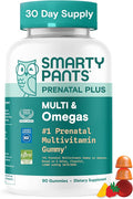 SmartyPants Prenatal Multivitamin Gummies with Omega 3 DHA/EPA, Methylfolate, Biotin, Vitamins D3, C, B12, B6, A, K, and Zinc, Gluten Free, Clean Label, Two Fruit Flavors, 90 Gummies (30 Day Supply)