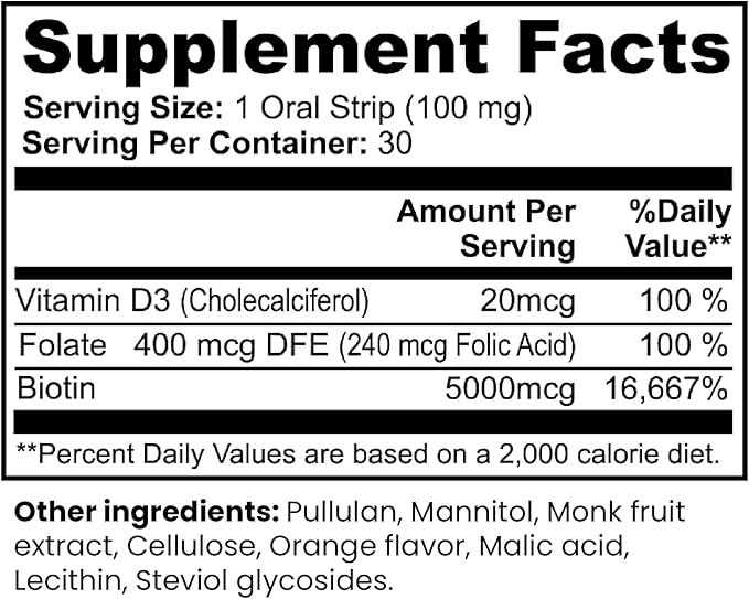 Biotin Oral Dissolving Strips 5000mcg – Fast Absorbing Sublingual Vitamin B7 – Vegan, Gluten Free, Sugar Free – Supports Hair, Skin & Nails – Orange Flavor – 30 Strips