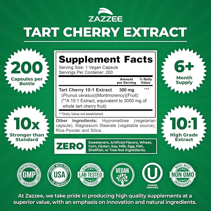 Zazzee Tart Cherry 10:1 Extract, 200 Vegan Capsules, 6+ Month Supply, Montmorency Cherry, Certified Kosher, Joint & Uric Acid Support, Antioxidant Support Formula, Non-GMO, Made in the USA