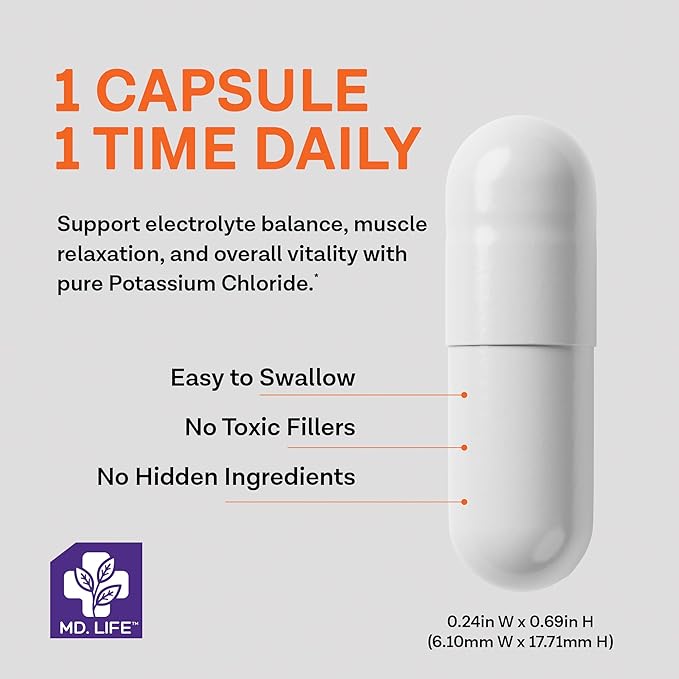 MD Life Potassium Chloride Supplement - Third Party Lab Tested - Potassium Chloride Capsules May Help Support Muscle Function & Healthy Blood Pressure Vegetarian Potassium Supplement (60 Capsules)