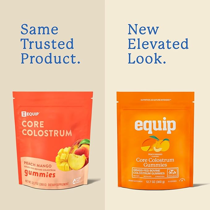Equip Foods Core Bovine Colostrum Gummies, Delicious 1g Per Seving Grass Fed Colostrum Supplement - Gut Health, Immunity, Recovery, Hair & Skin - 60 Bovine Colostrum Gummies, 30 Servings, Peach Mango