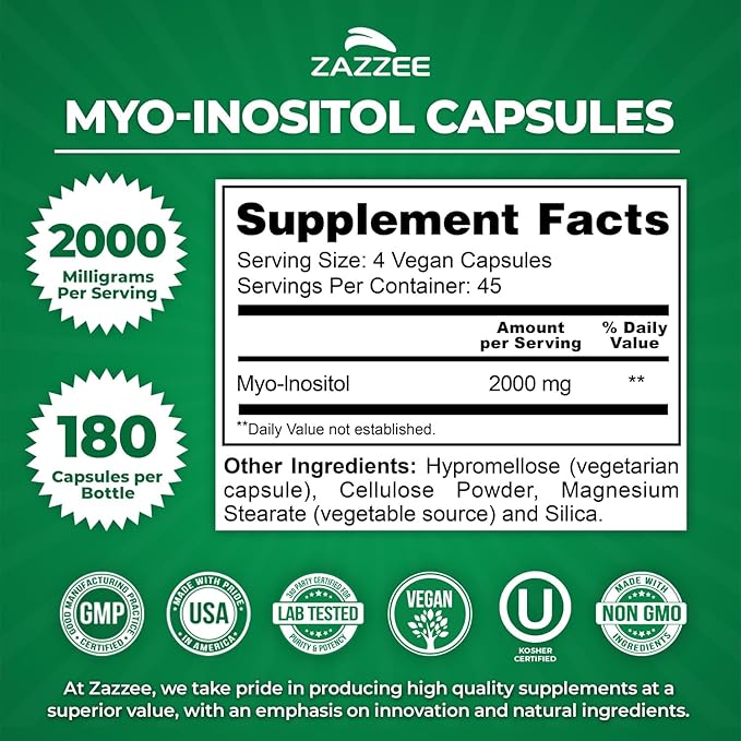 Zazzee Myo-Inositol Capsules, 2000 mg per Serving, 180 Vegan Capsules, Ideal Dosage for 40:1 Ratio, Certified Kosher, Hormone Balance & Healthy Ovarian Function Support, Non-GMO, Made in the USA