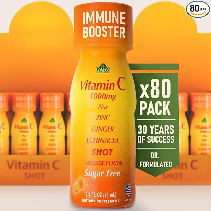 ALFA VITAMINS Vitamin C Shot 1000mg with Zinc, Ginger & Echinacea – Supports Immune Health & Daily Wellness – Orange Flavor – 2.4 FL Oz Bottle – 80 Pack