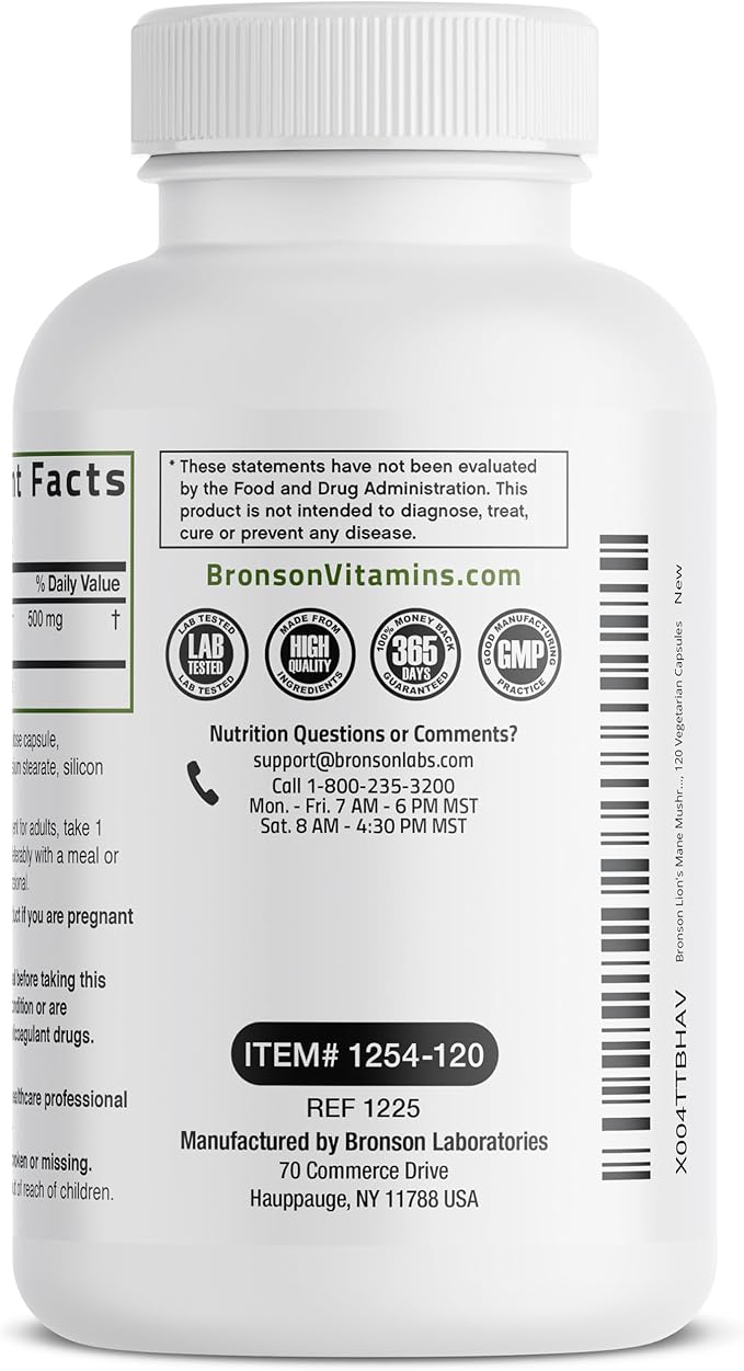 Bronson Lion's Mane Mushroom 500mg Hericium Erinaceus Non-GMO, 120 Vegetarian Capsules