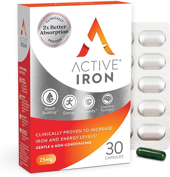 Active Iron Supplement 25mg, Clinically Proven to Increase Iron & Energy Levels, Maximum Absorption, Gentle, Non-Constipating, Avoids Nausea & Side Effects, 30 On-the-Go Foil Protected Capsules