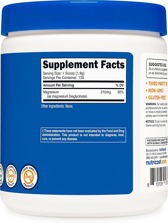 Nutricost Magnesium Bisglycinate Powder (Unflavored, 250 Grams) - Non-GMO, Vegan Supplement