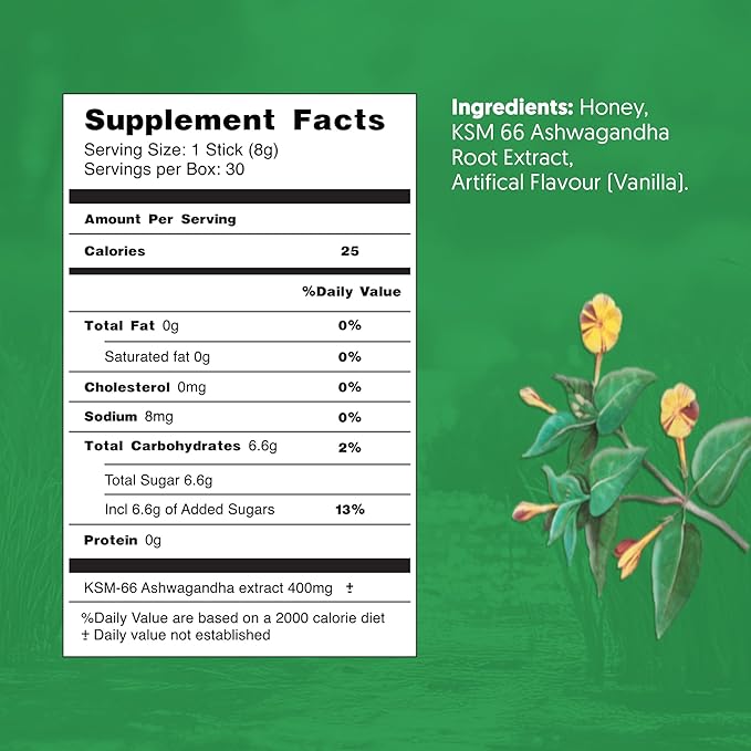 KSM-66 Ashwagandha Honey Sticks, Vanilla, Adaptogen Supplement for Stress Support for Women and Men, 30 Sticks, 30-Day Supply