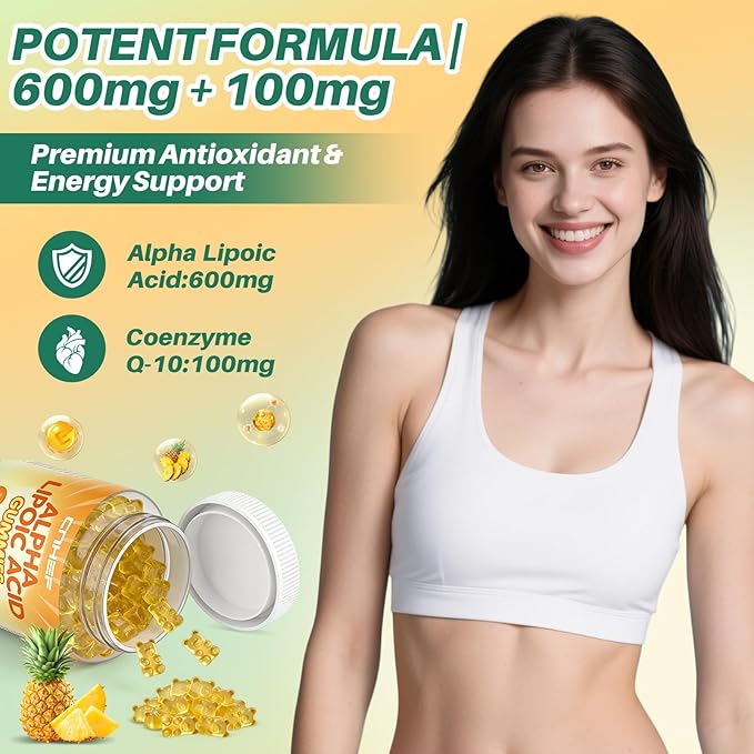 Alpha Lipoic Acid Gummies 600mg - Nerve Savior for Neuropathy with Vitamin B1 B6 B12 C E Biotin Coenzyme Q-10 - Brain Health and Nerve Support Antioxidant - Vegan, Sugar-Free - 60 Gummies
