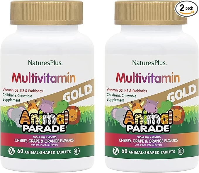 NaturesPlus Animal Parade Gold Children's Multivitamin - Assorted Cherry, Orange & Grape Flavors - 60 Chewable Tablets, Pack of 2 - Vegetarian, Gluten Free - 60 Total Servings