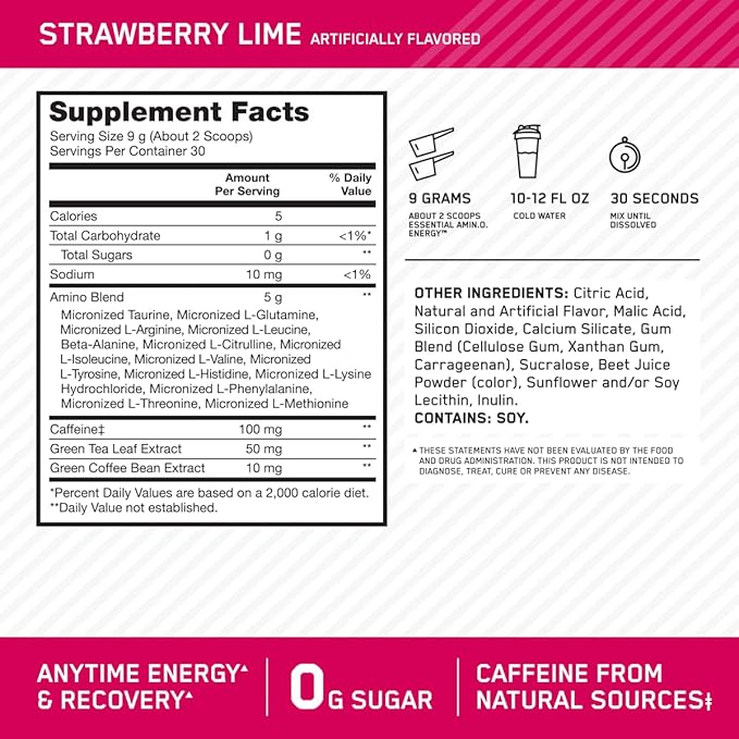 Optimum Nutrition Amino Energy-Pre Workout with Green Tea, BCAA, Amino Acids,Keto Friendly,Green Coffee Extract,Energy Powder-Strawberry Lime, 9.5 Ounce, 30 Servings (Packaging May Vary) (Pack of 6)