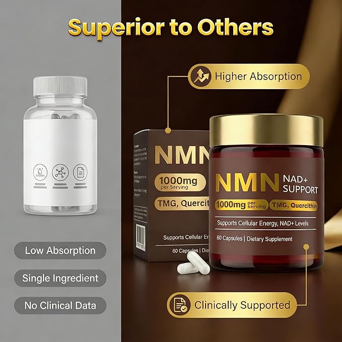 NMN Supplement 1000mg, 4-in-1 Liposomal NMN for NAD+ Supplement, nmn Supplement with Quercetin, Cellular Energy & NAD+ Levels Support for Men & Women, 60 Capsules