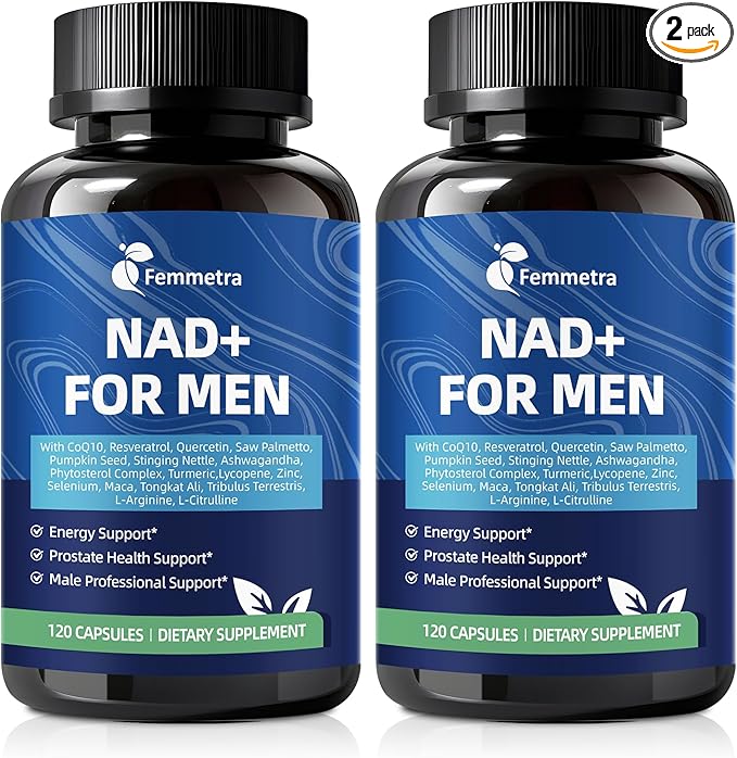 NAD Supplements for Men with 40+ | All-in-One Cellular Energy, Prostate Support & Nitric Oxide Supplement with Saw Palmetto, Resveratrol | Non-GMO, 2 Bottles