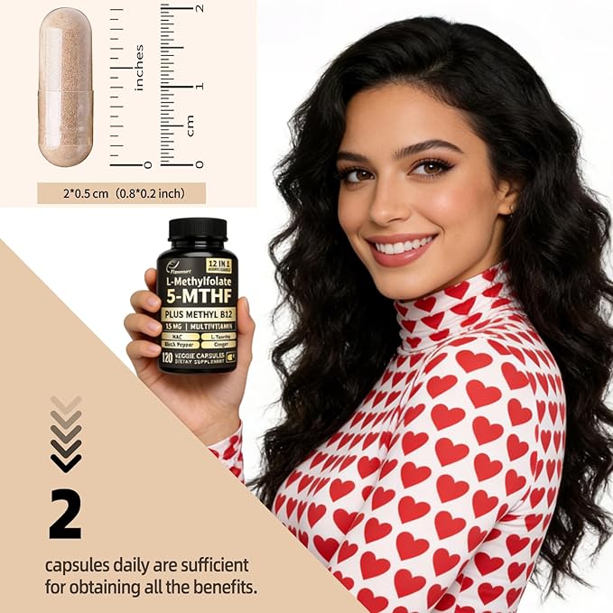 L Methylfolate 15mg Plus Methyl B12 - Methylated Vitamin B9 (5-MTHF) Supplement for Brain Health, Mood & Energy- High Absorption 12-IN-1 Methyl Folate - Third-Party Tested (120 Vegan Capsules)
