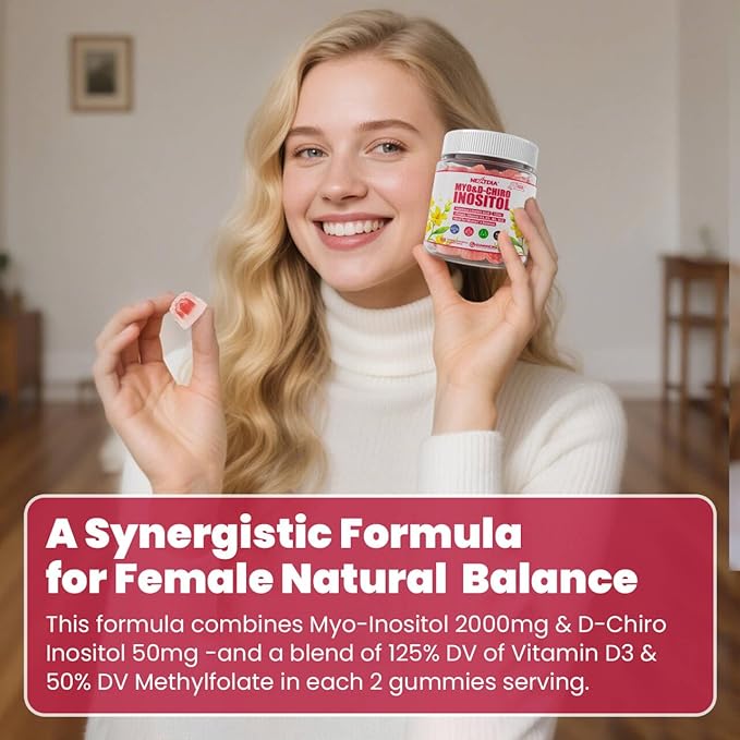 Inositol Gummies Supplement with Evening Primrose Oil for Women - 40:1 Ratio Myo-Inositol 2000mg & D-Chiro Inositol 50mg with VIT D3 B12 & Zinc, Sugar-Free for Natural Balance, Vegan (120ct)