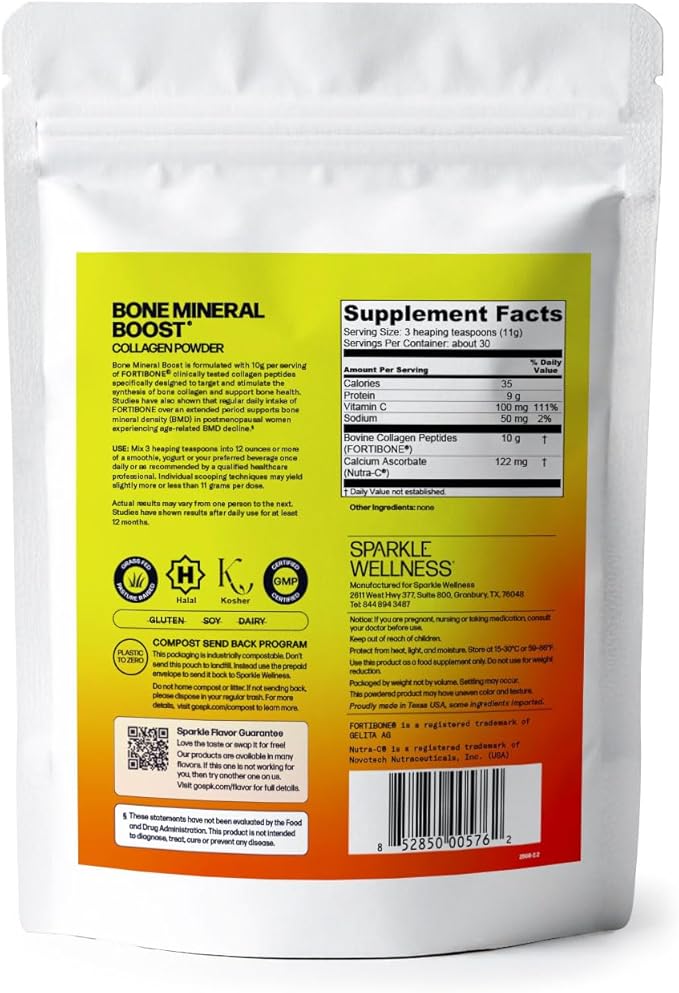 Sparkle Wellness FORTIBONE Bioactive Collagen Peptides | Collagen Powder Supplement with Nutra C Buffered Vitamin C for Bone Health | Bone Mineral Boost (No Flavor) [30 Serves]
