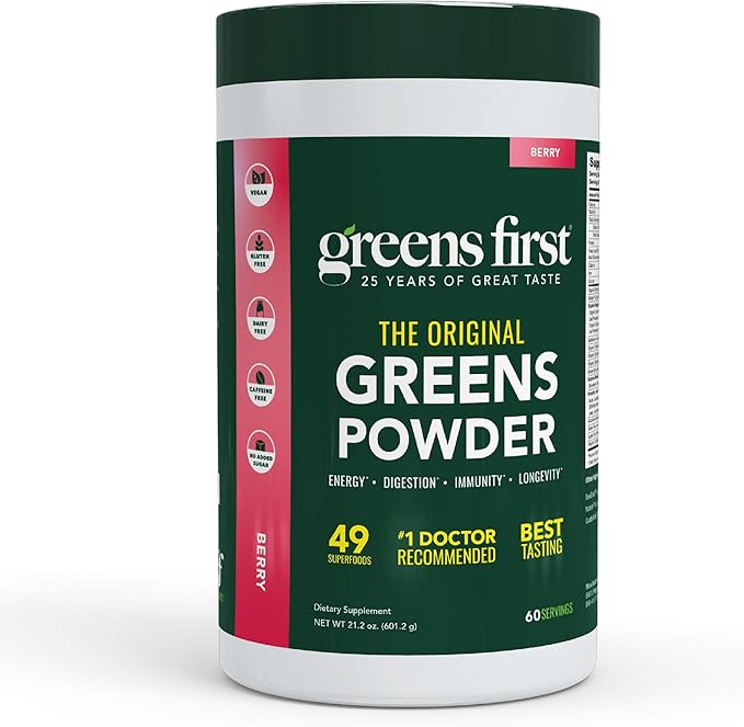 Greens First Original Greens Powder - 49 Superfoods - Organic Fruits & Veggies - Prebiotics, Probiotics & Digestive Enzymes - Antioxidant Smoothie - Dairy Free, Vegan & Non-GMO - Berry - 60 Servings