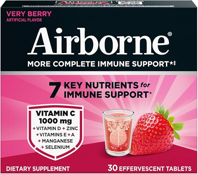 Airborne Variety Pack 1000mg Vitamin C with Vitamin D & Zinc, Sugar Free Multivitamin Immune Support Supplement, Antioxidants Vitamins A C & Vitamin E, 30 Effervescent Tablets, Citrus + Verry Berry