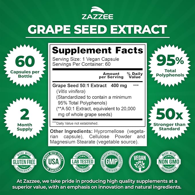 Zazzee High Strength Grape Seed 50:1 Extract, 60 Vegan Capsules, 95% Polyphenols, 400 mg per Capsule, 2 Month Supply, Antioxidant, Circulation & Blood Flow Support, Non-GMO, Made in the USA