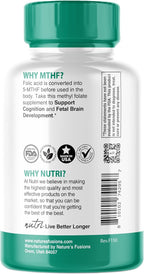 Nutri 5-MTHF L Methylfolate 1MG - 4 Month Supply, 120 Vegan Tablets - Methylated Folate Supplement - Cognitive Function, Heart Health, Prenatal Support - 3rd Party Tested - NSF Certified Facility