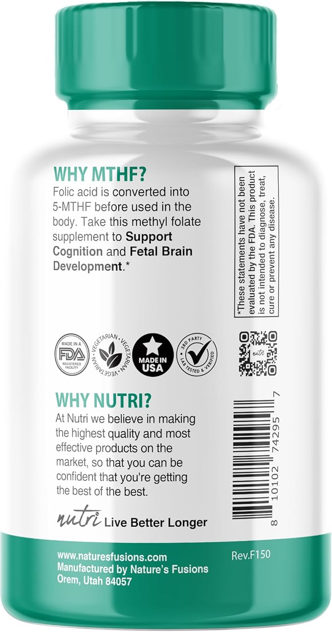 Nutri 5-MTHF L Methylfolate 1MG - 4 Month Supply, 120 Vegan Tablets - Methylated Folate Supplement - Cognitive Function, Heart Health, Prenatal Support - 3rd Party Tested - NSF Certified Facility