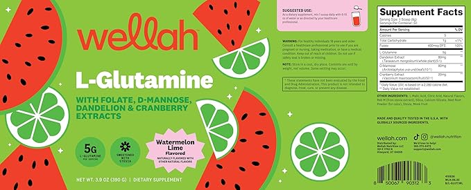 Wellah L-Glutamine Powder Watermelon Lime (50 Servings) - 5g L-Glutamine Per Serving, Sweetened with Stevia