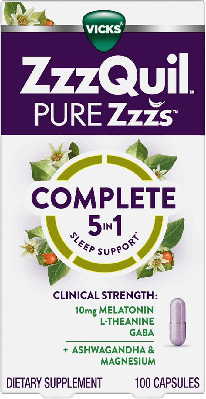 ZzzQuil Pure Zzzs Complete Sleep,Melatonin 10mg,L-Theanine,GABA,with Ashwagandha,and Magnesium,Melatonin Sleep Aid,100 Count (Pack of 2)