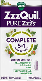 ZzzQuil Pure Zzzs Complete Sleep,Melatonin 10mg,L-Theanine,GABA,with Ashwagandha,and Magnesium,Melatonin Sleep Aid,100 Count (Pack of 2)