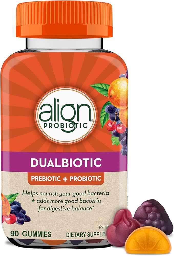 Align Dualbiotic, Prebiotics and Probiotics for Women and Men, Probiotics for Digestive Health, Prebiotics Help Nourish Good Bacteria, Natural Fruit Flavors, 90 Probiotic Gummies (Packaging May Vary)