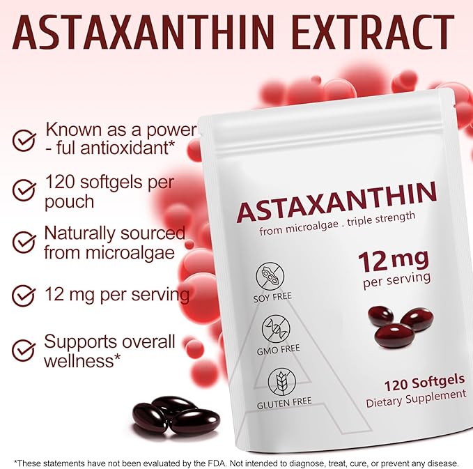 2 Pack Astaxanthin 12mg, Premium Astaxanthin Antioxidant Supplements with Antioxidant Activity, Supports Eye, Immune, Skin Health, Internal Circulation