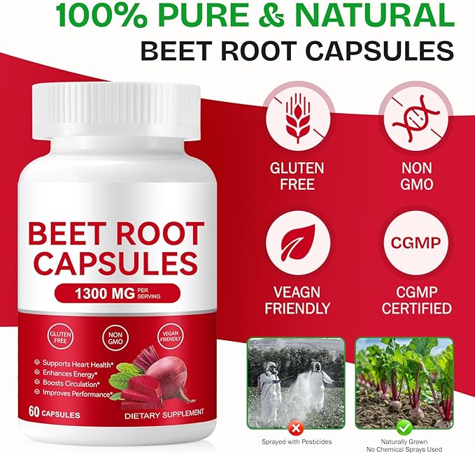 Beet Root Capsules 1300mg, Natural Organic Beetroot Powder Supplement Supports Healthy Blood Pressure and Heart Health, Energy & Endurance Support, Non-GMO, Vegan, 60 Count, 30-Day Supply
