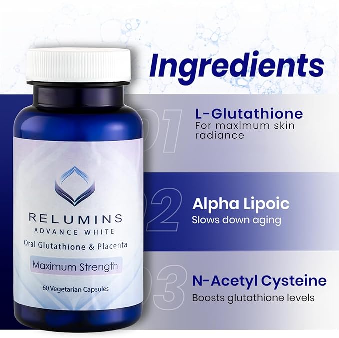 Relumins Advanced White Glutathione Capsules - Max Strength Brightening Supplement with ALA, Placenta, Rose HIPS & Vitamin C - Fights Oxidative Stress, Supports Collagen & Made in USA - 10 Bottles