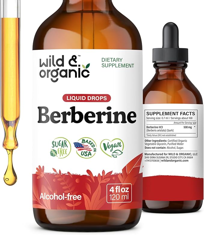 Wild & Organic Berberine Drops - Antioxidant Support - Liquid Berberine HCL 500mg - Add to Tea Supplement - Berberis Aristata Bark Extract - Pure, Vegan, Alcohol & Sugar-Free Tincture - 4 fl oz