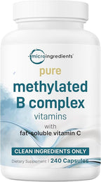 Micro Ingredients Pure Methylated B Complex, 240 Capsules | 11-in-1 Formula with Methylfolate, B12, Thiamin, Inositol, Choline, & Fat Soluble Vitamin C | Clean Ingredients Without Fillers | Non-GMO