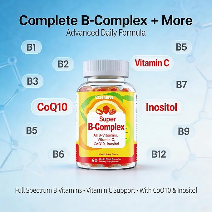 Liquid-Filled B Complex Gummies for Daily Routine, Juicy Berry Flavor, Complete B Vitamins with Vitamin C, CoQ10 & Inositol, Easy to Enjoy, 60 Gummies x 2 (120 Total)