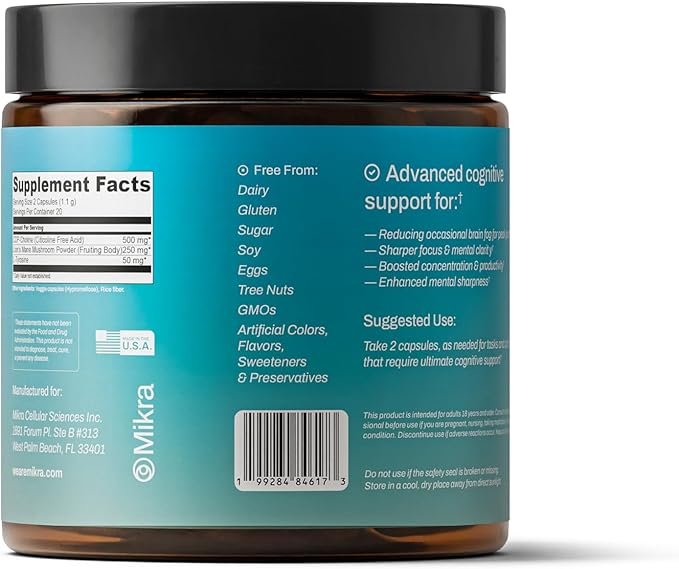 Mikra Cognitive Enhancer - Nootropic Brain Support Supplement with Citicoline, Lion’s Mane & L-Tyrosine - Cognitive & Memory Support Formula for Mental Clarity, Focus & Brain Health - 40 Capsules
