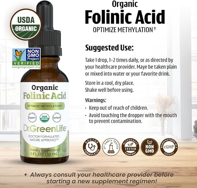 Dr. Green Mom USDA Organic Folinic Acid Drops - 500 mcg per Drop | Methylation Support B9 Supplements for Kids & Adults | Supports Neurological Function, Nervous System Health & DNA Synthesis