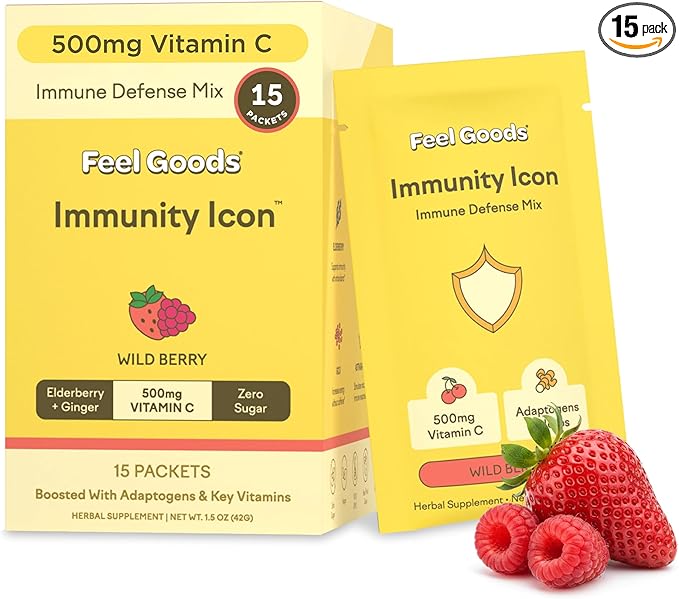 Feel Goods Immunity Icon, Vitamin C Immune Support Powder Packets - 500mg Vitamin C, Elderberry, Ginger, Turmeric & Key Vitamins for Daily Immune Health - Sugar-Free & Caffeine-Free Drink Mix Packets