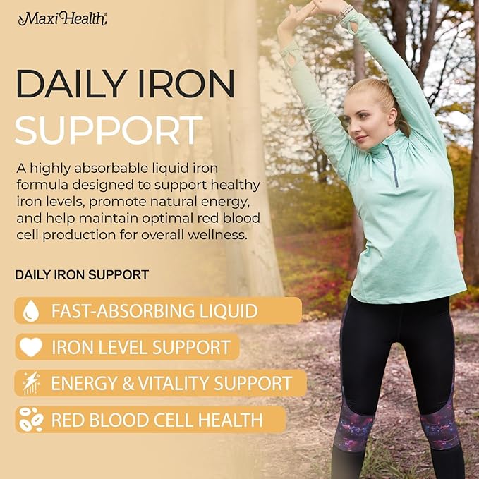 Maxi Health High Potency Liquid Iron Concentrate – Gentle Iron Supplement for Women Men & Children – Berry Flavored, Fast-Acting, Gentle on Stomach, No Constipation, Non-GMO, Kosher (2 fl oz)