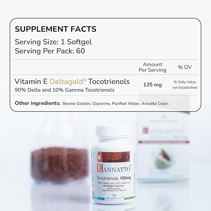 WELLNESS EXTRACT Eannatto Tocotrienols Deltagold 125mg, Vitamin E Tocotrienols Supplements 60 Softgel, Tocopherol Free, Non-GMO, Gluten Free & Antioxidant (Pack of 6)
