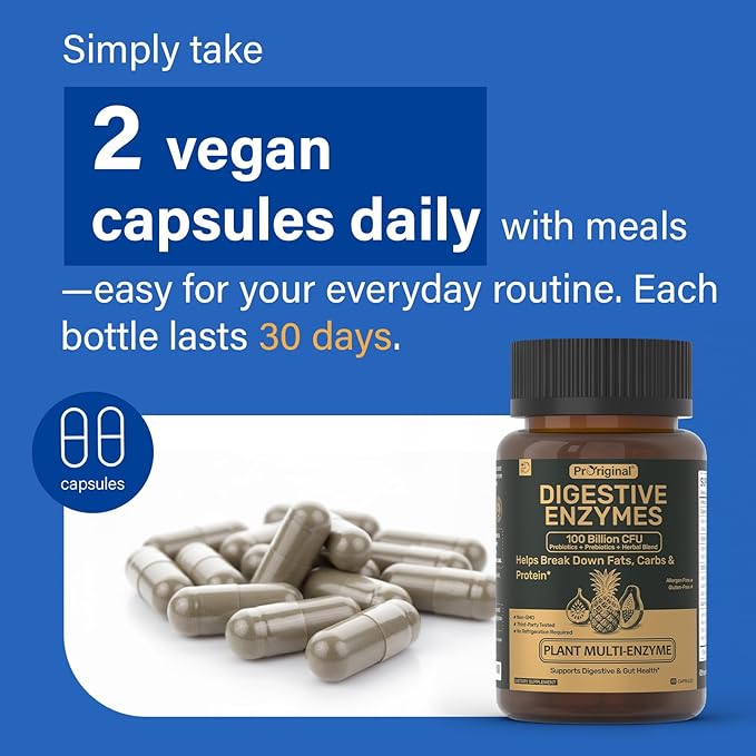 Digestive Enzymes Supplement with 100 Billion CFU Organic Probiotic & Prebiotic - Multi-Enzyme Formula for Women & Men - Supports Digestive & Gut Health, Aids Protein, Carb & Dairy Digestion, 60 Caps