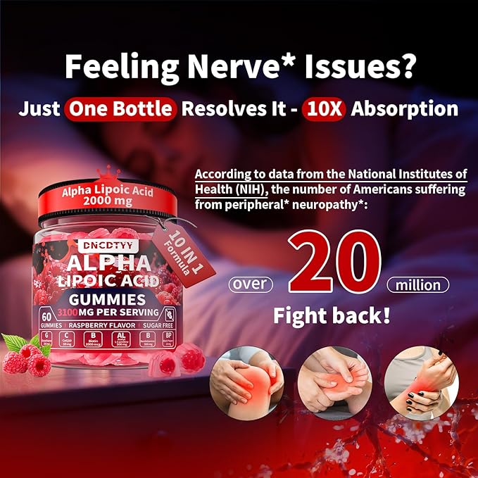 Alpha Lipoic Acid Gummies 2000mg Triple Strength Neuropathy Supplements - Liposomal ALA Complex for Brain & Liver & Skin and Nerve* Support, Sugar Free, 60 Counts, Raspberry Flavor
